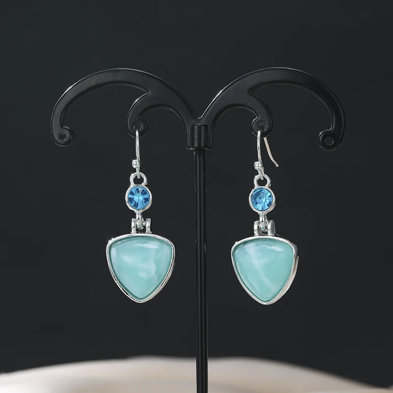 Bohemian Earring Round Turquoise Crystal Triangular Light Blue Color Synthetic Zircon Pendant Simple Daily Pendant Women Earring