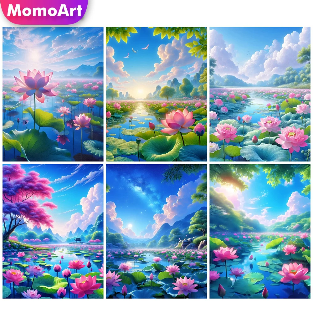 MomoArt 5D 다이아몬드 모자이크 연꽃 풀 스퀘어 라운드 호수 페인팅, 연못 크로스 스티치 자수 수공예