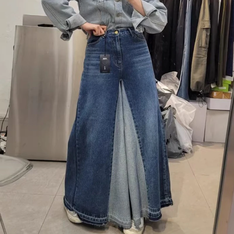 

Широкие джинсы с высокой талией, женские повседневные цветные блузки, одинаковый дизайн, универсальные длинные брюки, джинсовые синие