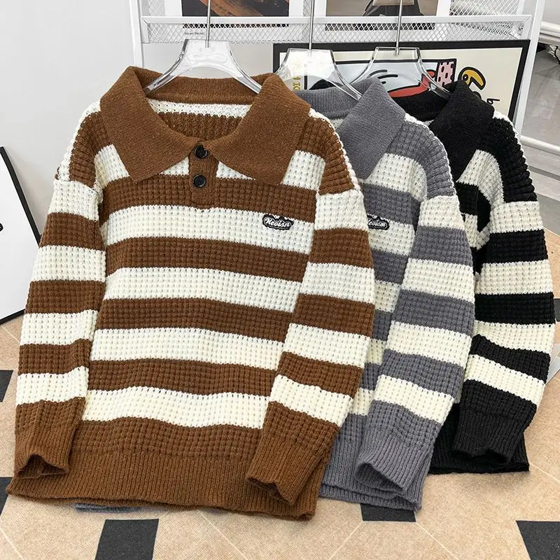 

Свободный крой, полосатый вязаный свитер, осень-зима, новый Sle, мягкое полиэфирное волокно, теплый, удобный, повседневный вязаный свитер...