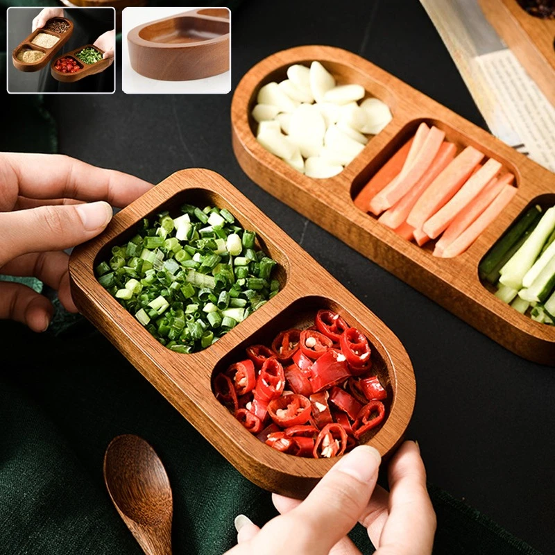 2/3 Grid Wooden Seasoning Dish Rectangle Tray Condiment Plate Breakfast Food Sushi Bread Dessert Sauce Plate Kitchen Dinner Dish