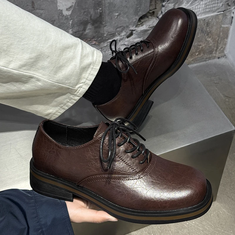 Vintage Lace Up Men Thick Soled Derby Shoes with Increased Height Anti Slip Simple Elegant Commuting Style for Daily Wear