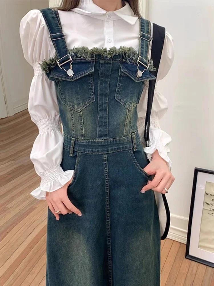 Dress Women Midi Denim Defined Spliced Vintage Girls Gentle Sleeveless Ripped Long A-line Design Autumn Leisure Aesthetic Daily