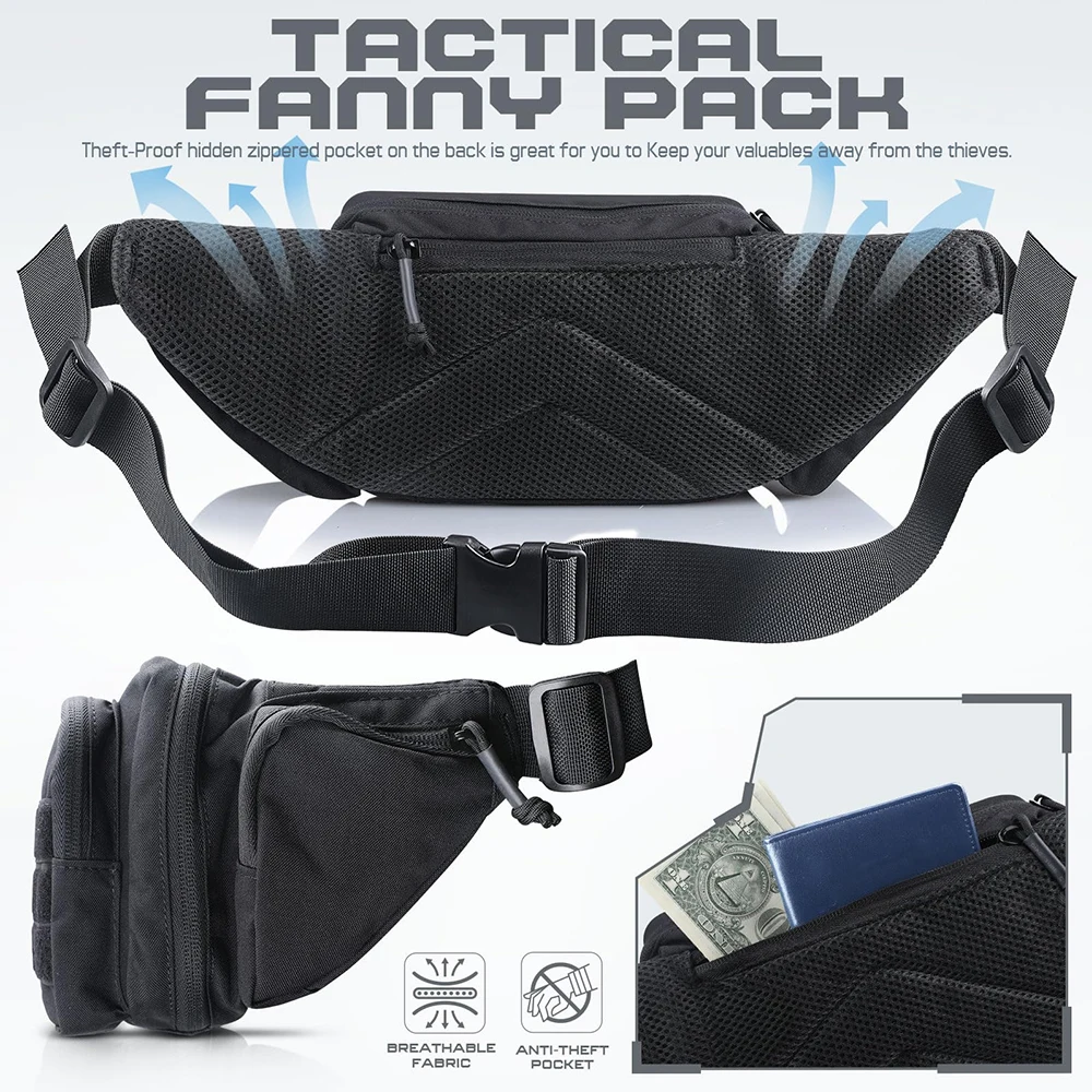 Tactical Fanny Pack Gun Holster Concealed Carry Pistol Waist Bag Molle EDC Pouch for Running Hiking Cycling Camping Outdoor Bag