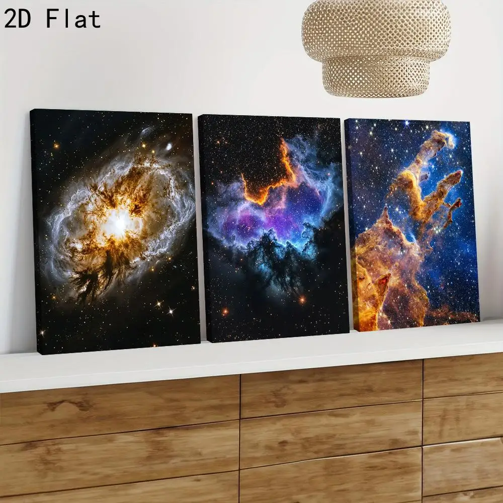 （Noframe 3PCS）-2D Flat, 3pcs Hubble Telescope Galaxy Wall - Framed/Unframed Space Nebula Posters, Realistic Starry Sky & Clou
