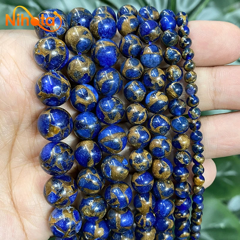 Natural Dark Blue Golden Lace Cloisonne Round Beads DIY for Jewelry Making Rings Earrings Handmade Bracelets 4/6/8/10/12mm 15