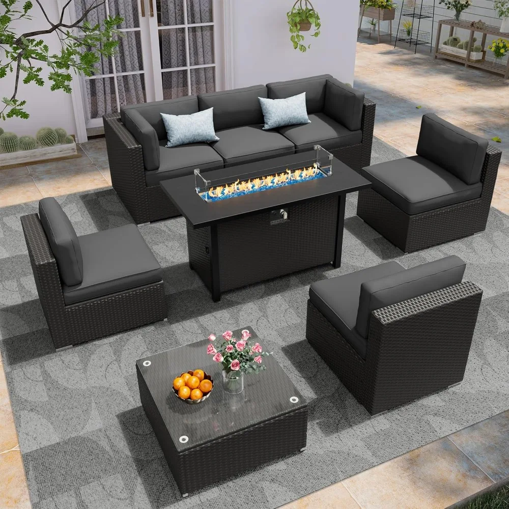 

8 Piece Outdoor Sectional Sofa Set With Fire Pit Table, Patio Furniture Set, All-Weather PE Black Wicker Patio, Customized