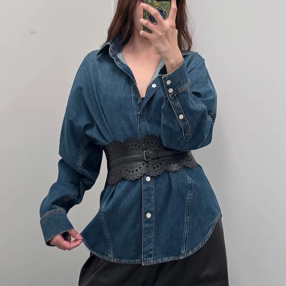 

CottonBlend Women's Blouse Y2k Cinched Waist Slim Fit Vintage Washed Commuter Long Sleeve Shirt Top 2025 Fall New Arrival