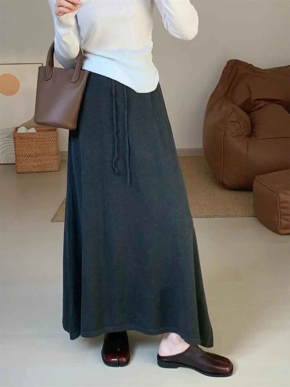 Vintage Gray All Match Lace Up A-Line Skirts Women Autumn Winter Comfort Warm Long Knitted Skirts Loose Solid Color Skirt Female