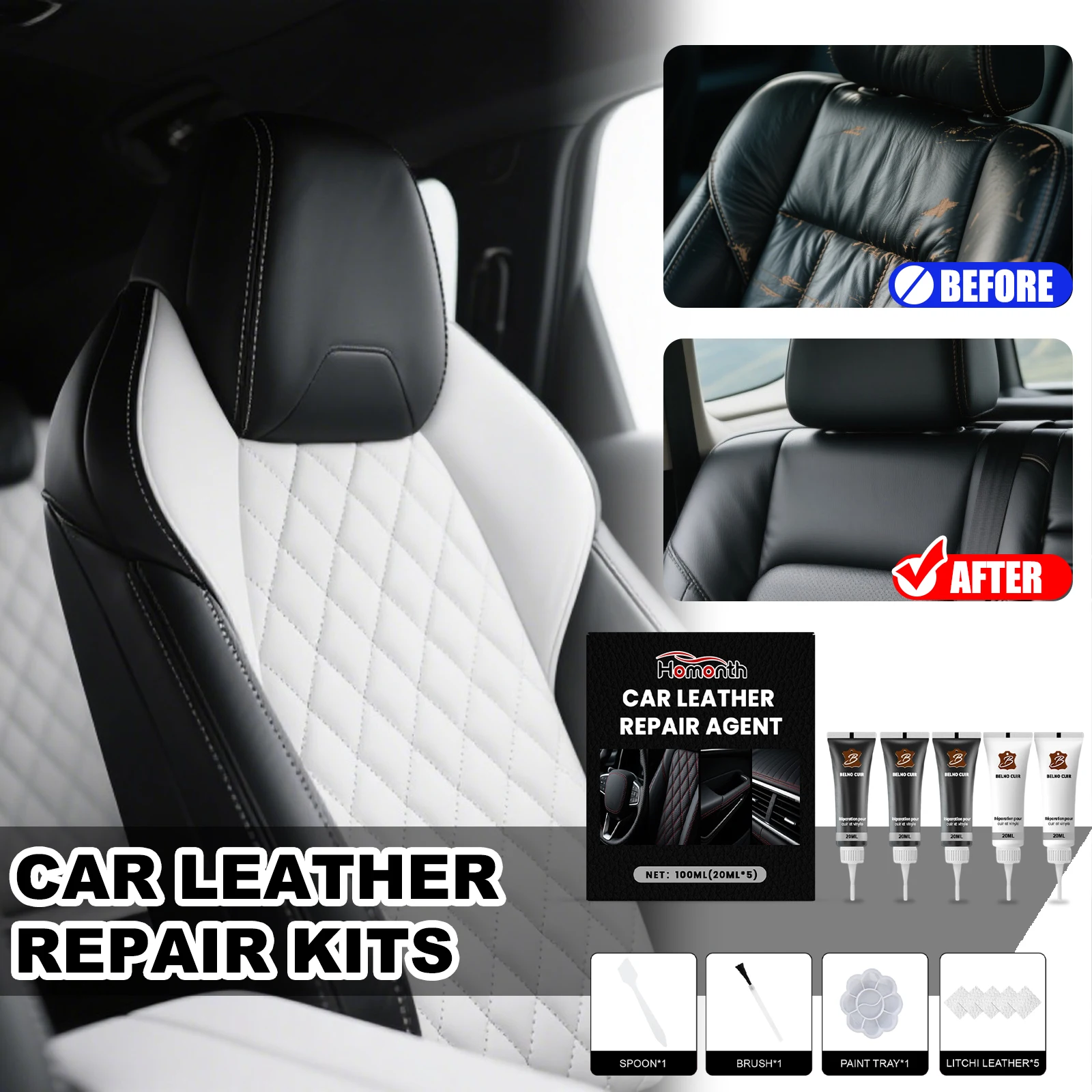 HOMONTH Car Leather Repair Kits Black & White Repairation Agent Easily Covers Leather Scratches Seat Scuffs Adjustable Colors