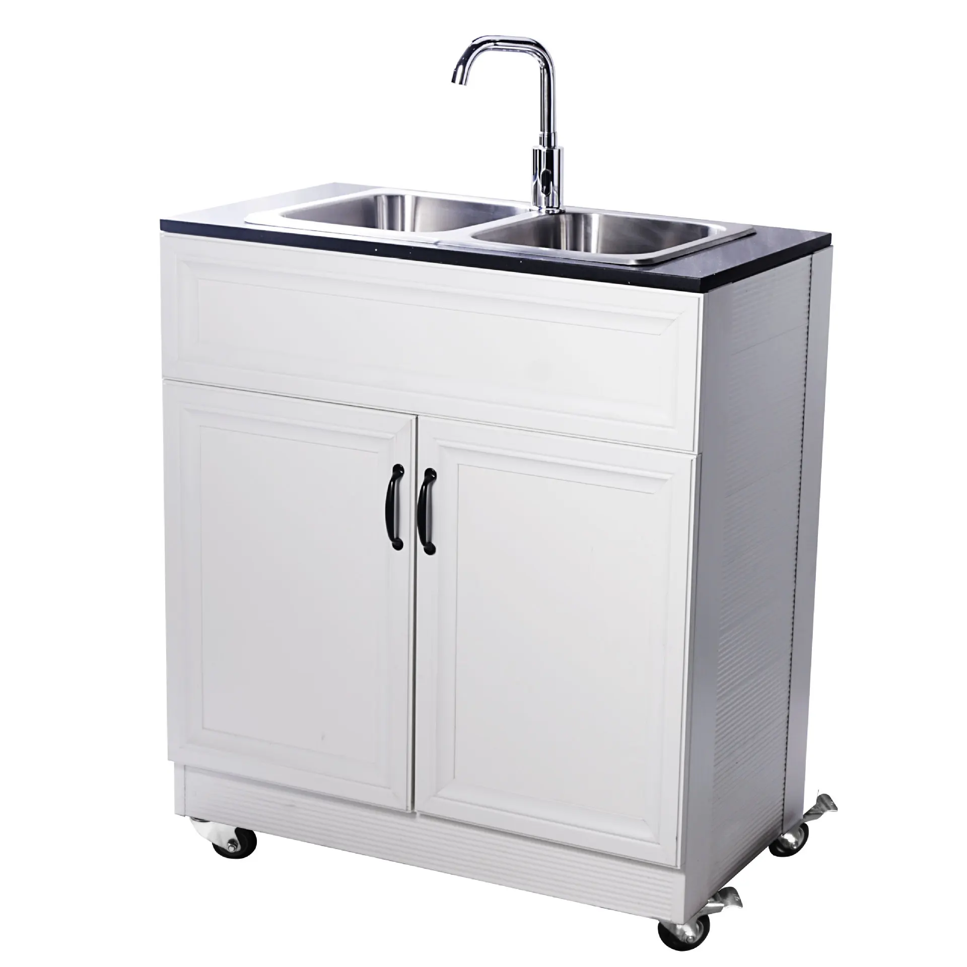 Stainless steel double slot, portable sink cabinet with induction faucet, outdoor portable