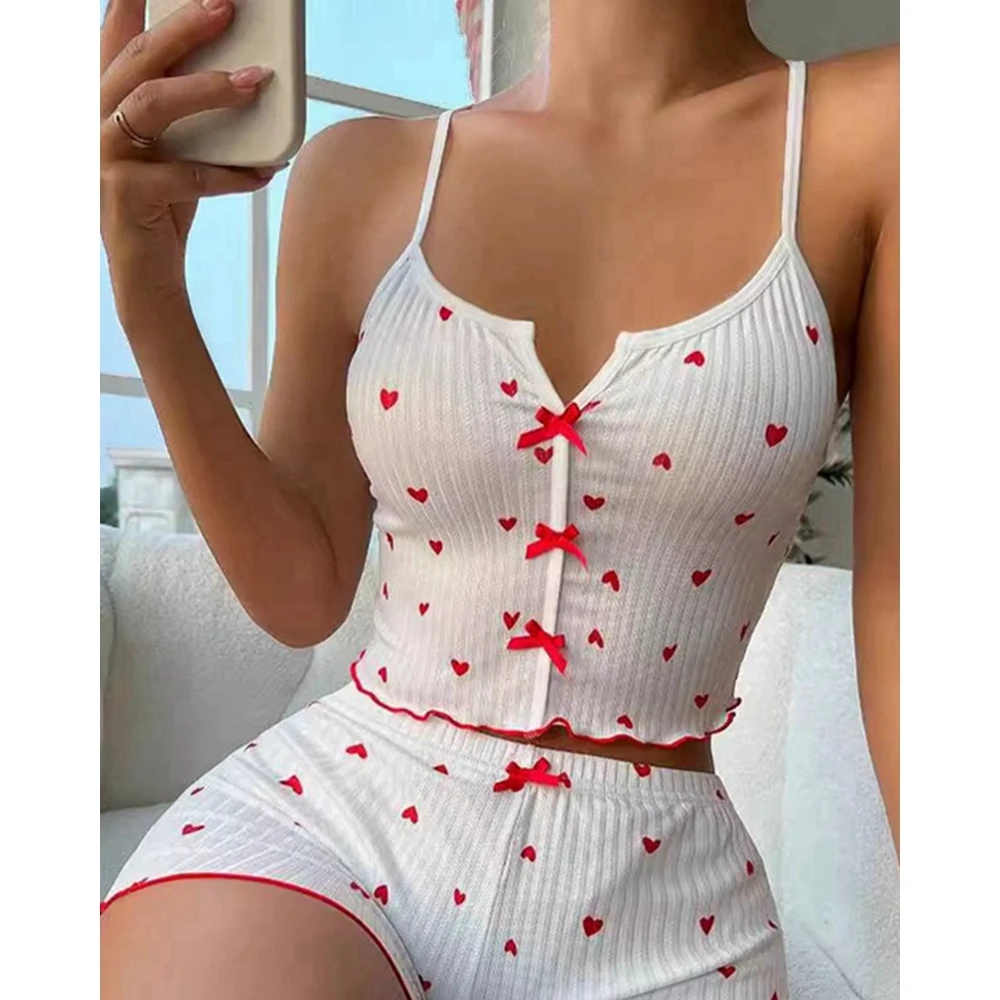 Women Heart Print Bowknot Design Spaghetti Strap Frill Top & Short Sets Two Pieces Pajamas Sets Summer Casual Home Sleepwear