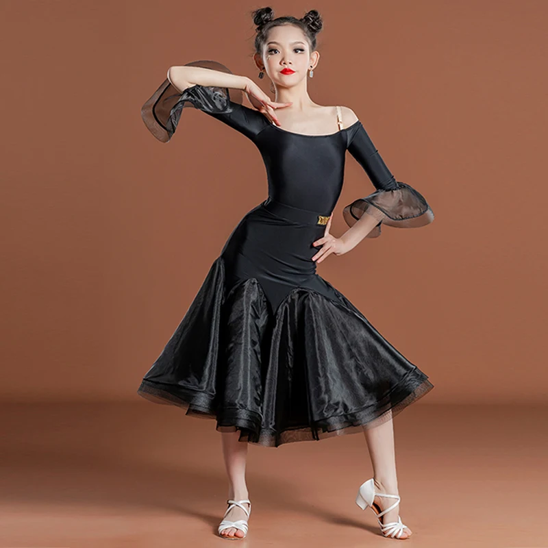 

Black Off-Shoulder Ballroom Dance Dress For Girls Bodysuit Skirt Children Waltz Tango Standard Dance Performance Wear DL11437