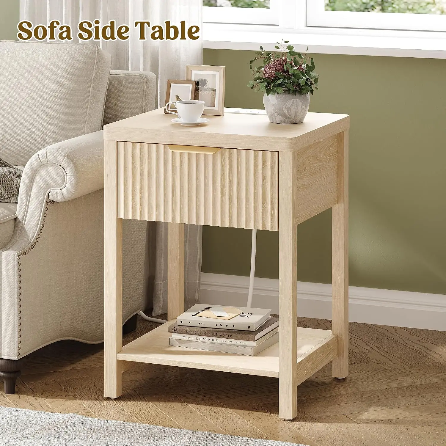 Fluted Wood Nightstand with Socket Station for Bedroom, Customized