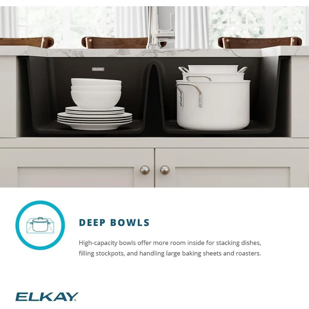 Elkay Quartz Classic ELGU3322BK0 Equal Double Bowl Undermount Sink, Black