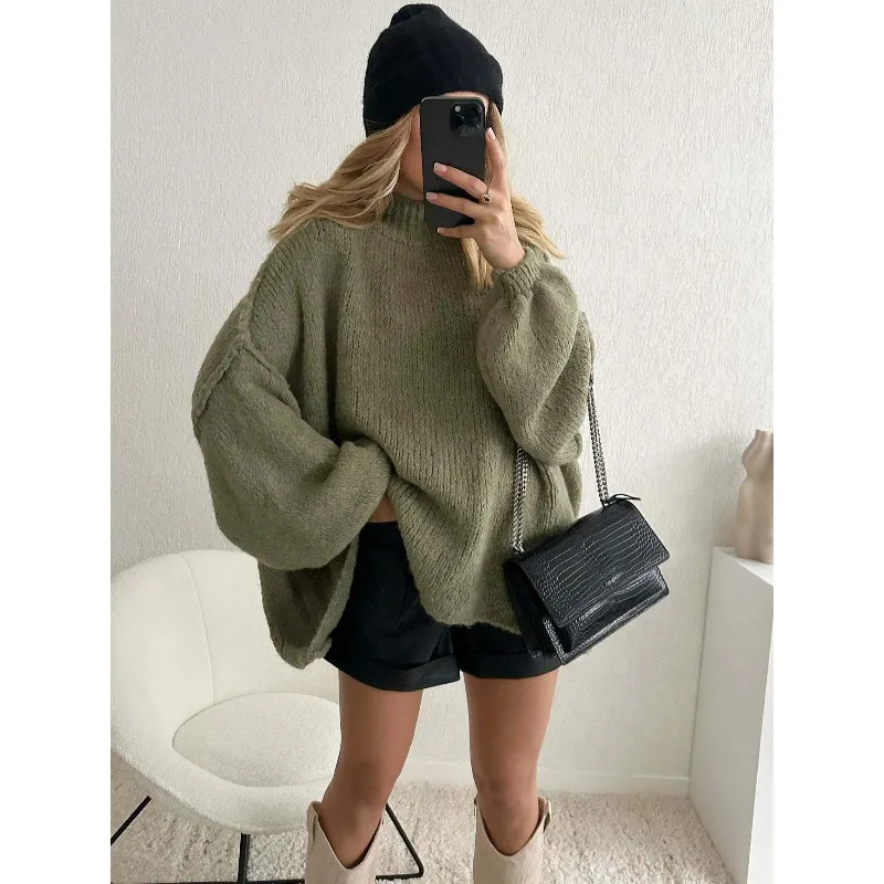 

New winter Women's Sweater Solid Color Semi-turtleneck Casual Commuter Style Pullover Loose Sweater Simple All-match