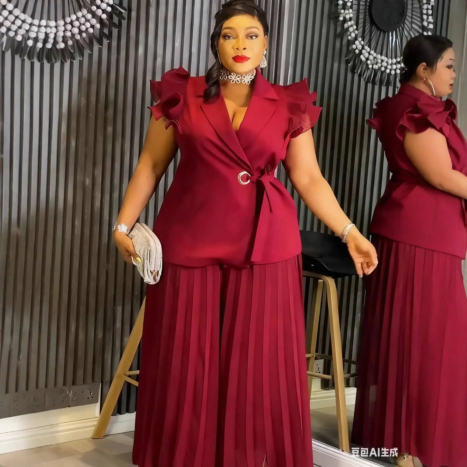 Plus Size Women's Wine Red Ruffle Sleeve Blazer Set Slimming Waist Pleated Wide Leg Pants Two-piece Set Elegantes Casual Y2K