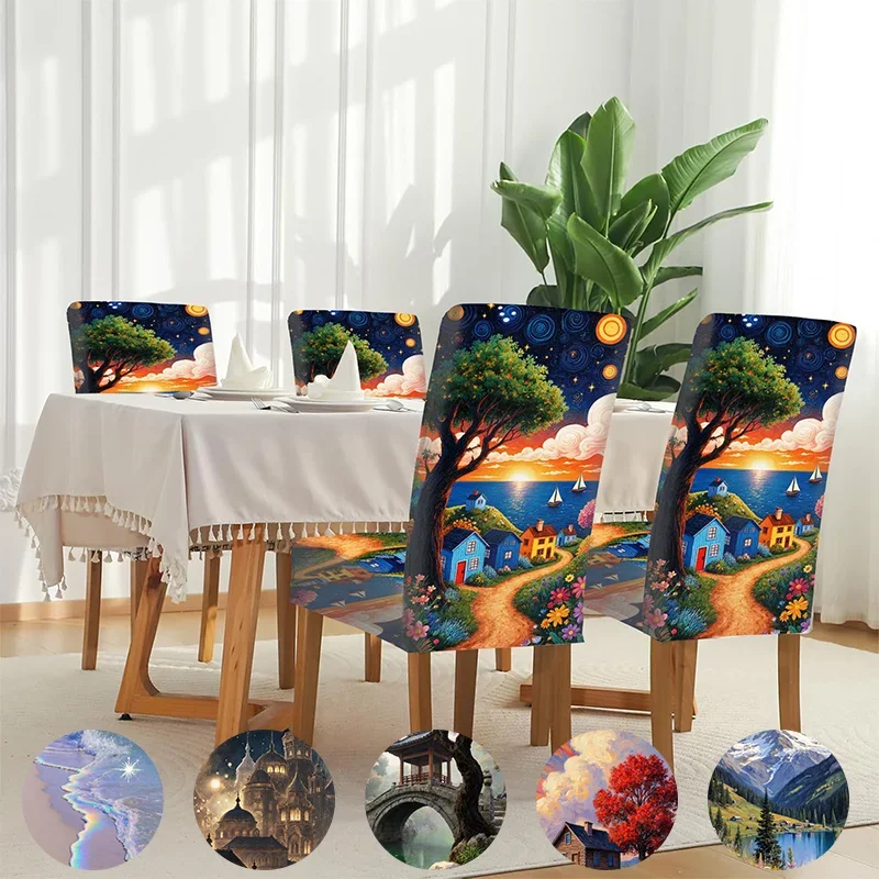 Elastic dining chair cover, fantasy starry sky coast village decoration abstract landscape pattern, home dining chair cover
