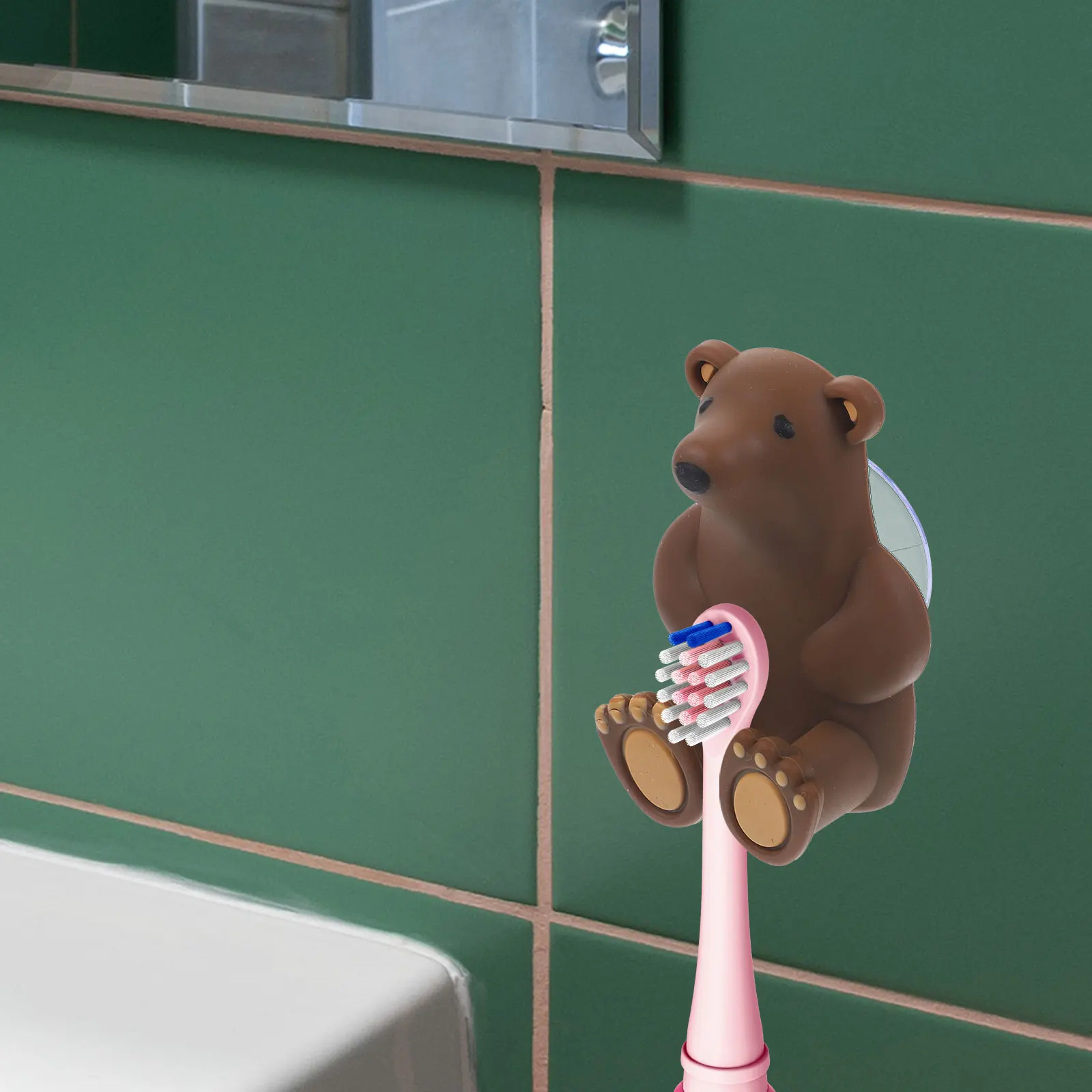 

Cartoon Bear Toothbrush Holder Suction Cup Wall Mounted Cute Design Bathroom Organizer Toothbrush Holder with Suction Cup
