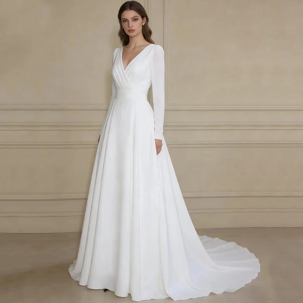 Modest A-Line Pleats V-Neck Wedding Dress with Long Sleeves High Quality Jersey Chapel Train Zipper Back Bridal Gowns Customized