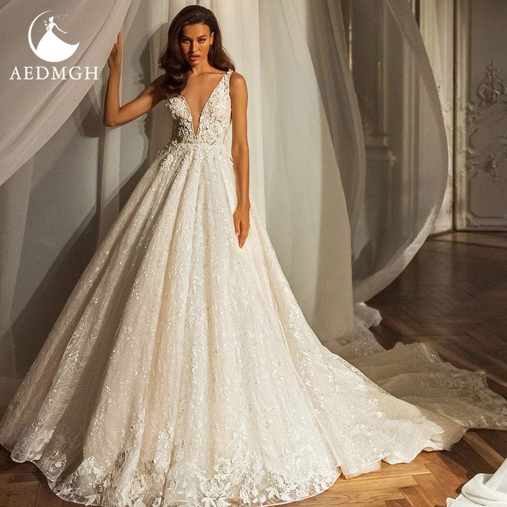 Aedmgh A-Line Luxury Wedding Dresses V-Neck Sleeveless Vestido De Novia Beaded Sequined Charming Shiny RCustom Made Bridal Gown