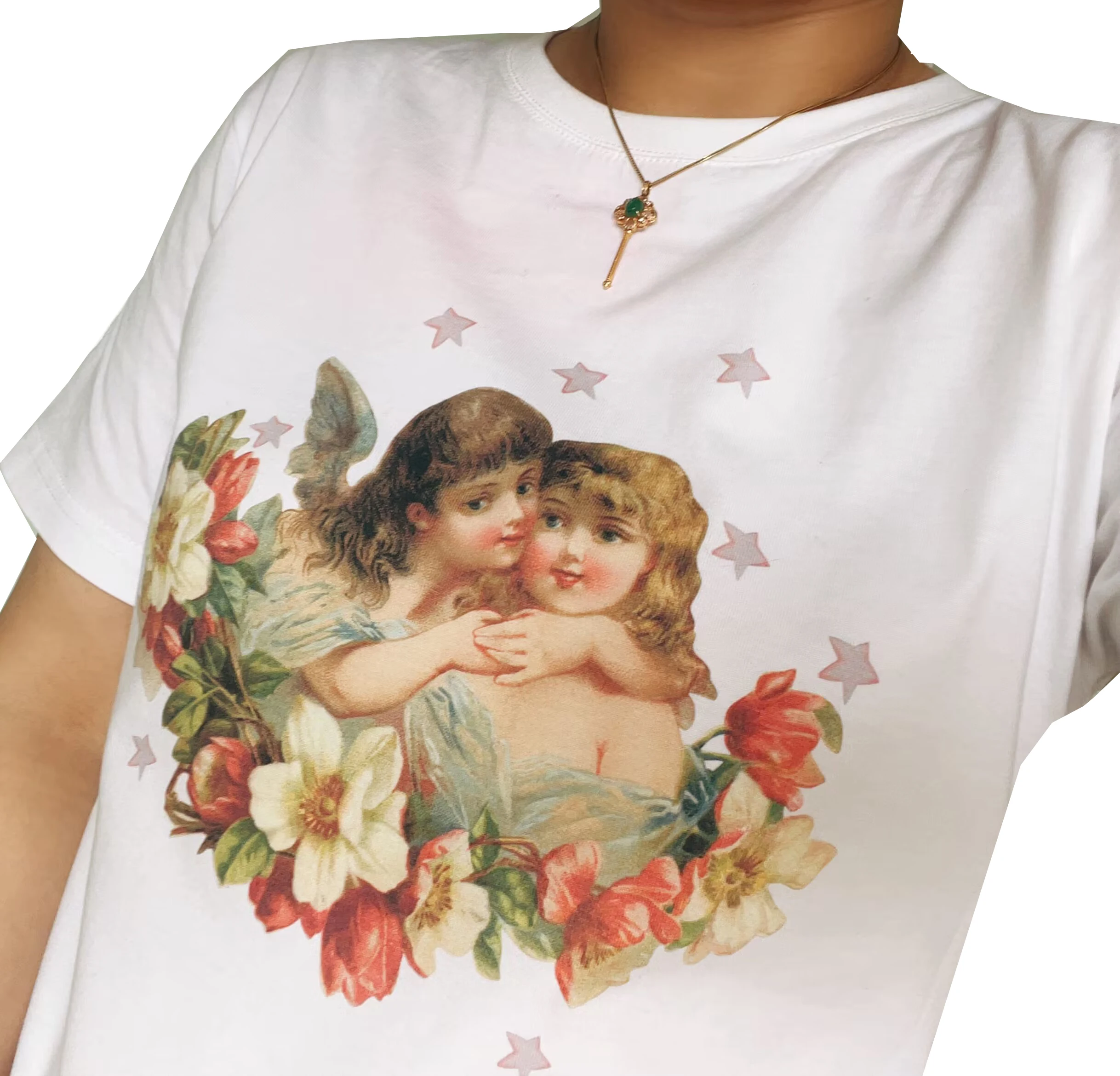 Cherub Hugs T-Shirt Vtg Retro Women Pop Indie Punk Rock Band Graphic T Shirt Women Tops Base O-neck Tees