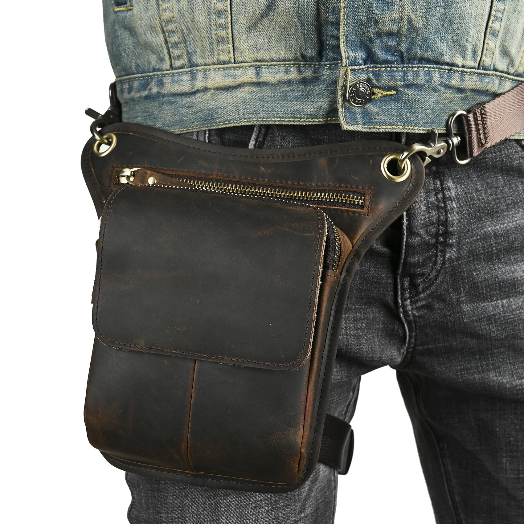 Bolsa de Cintura Masculina Estilosa de Couro Cu a Óleo de Camada Superior para Celular e Câmera, 8 Polegadas, Material Ca...