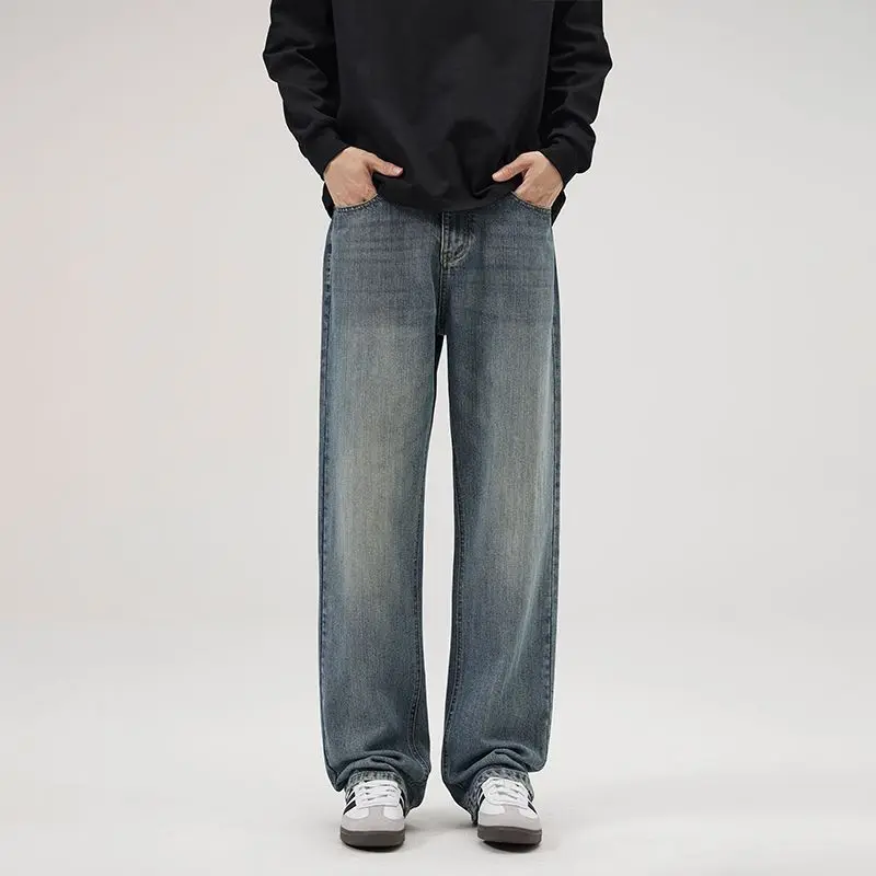 

Men's Spring And Autumn Outdated Loose Retro Washed New Regular Trendy Youth Casual Bamboo Straight Leg Jeans Cat Beard Pants