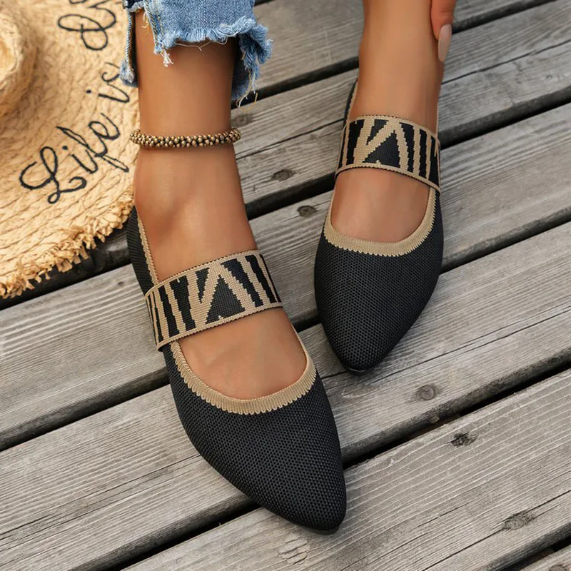 Elastic Strap Knitted Color-block Women's Flat Shoes Dressy Ballet Flats Casual Striped Straps Pointed Toe Loafers Female