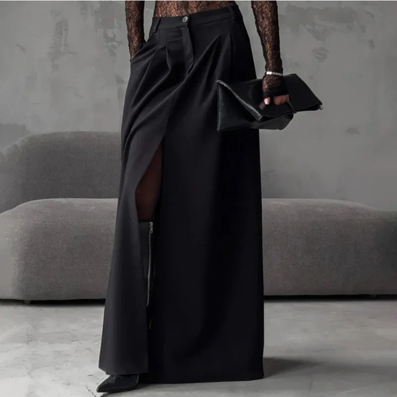 

2026 New Temperament High-end Split Black Half-length Dress Fashionable Versatile Pleated A-shaped Skirt