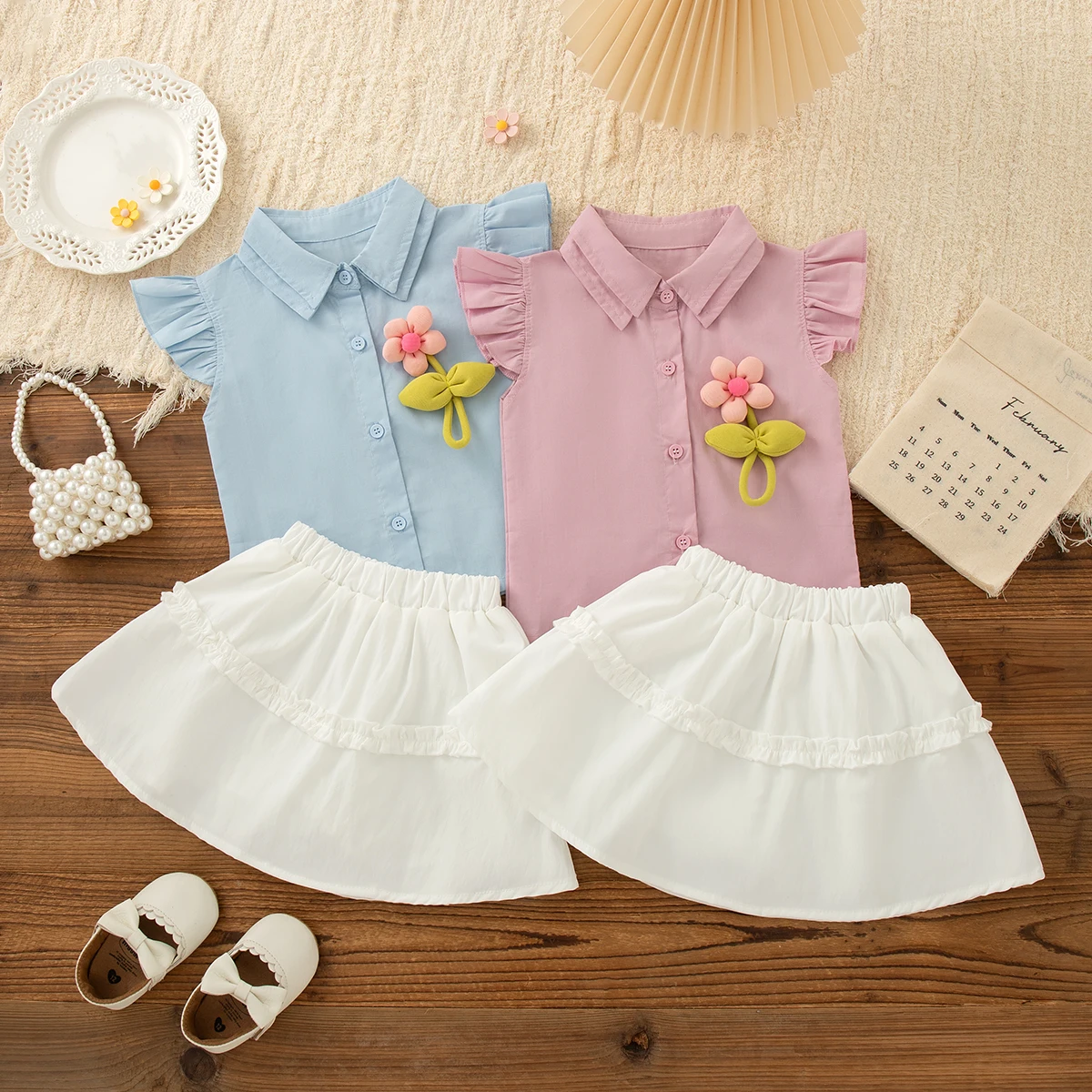 

Комплект из 2 шт./компл., летний хлопковый однотонный топ с цветочными рукавами и шортами, комплект для малышей, милая повседневная пляжная одежда для маленьких девочек