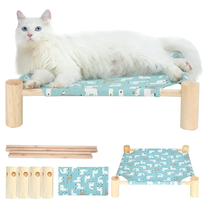 Elevated Dog Cat Bed Wooden Furniture Canvas Mat Pet Puppy Cat Hammock Lounger Bed Pet Sleeping Supplies for Rabbit Cat Dog