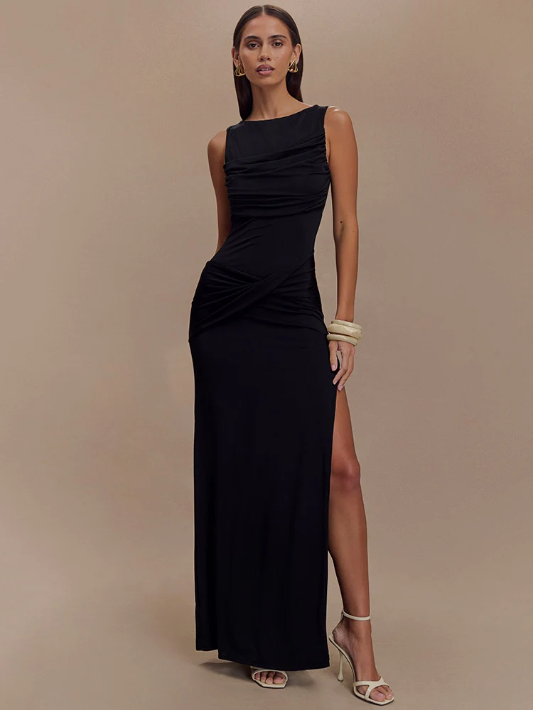Mozision Backless Ruches Sexy Maxi Tank Jurk Vrouwen Jurk Zomer Nieuwe O Hals Dij Hoge Split Bodycon Elegante Lange Jurk Mode