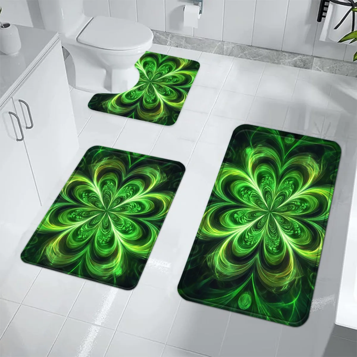 

3PCS Green Fractal Pattern Bathroom Rug Set Abstract Swirl Toilet Mat Non Slip Floor Mats Water Absorbent Home Decor