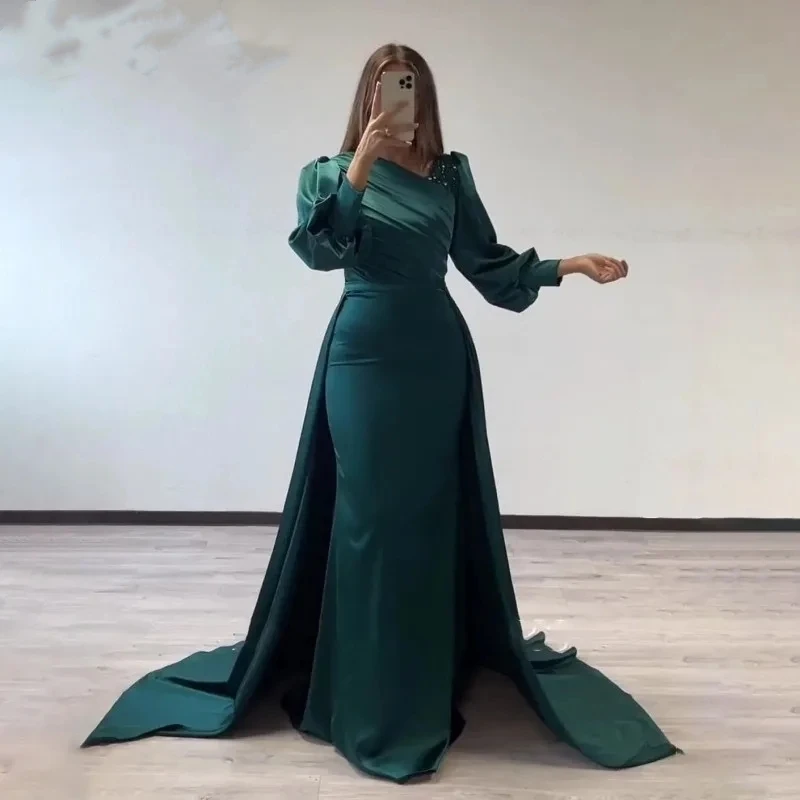 

Romantic Green Satin Mermaid Long Sleeves Appliques Beaded Evening Dress For Wedding Party Prom Dress Dubai Party Gown