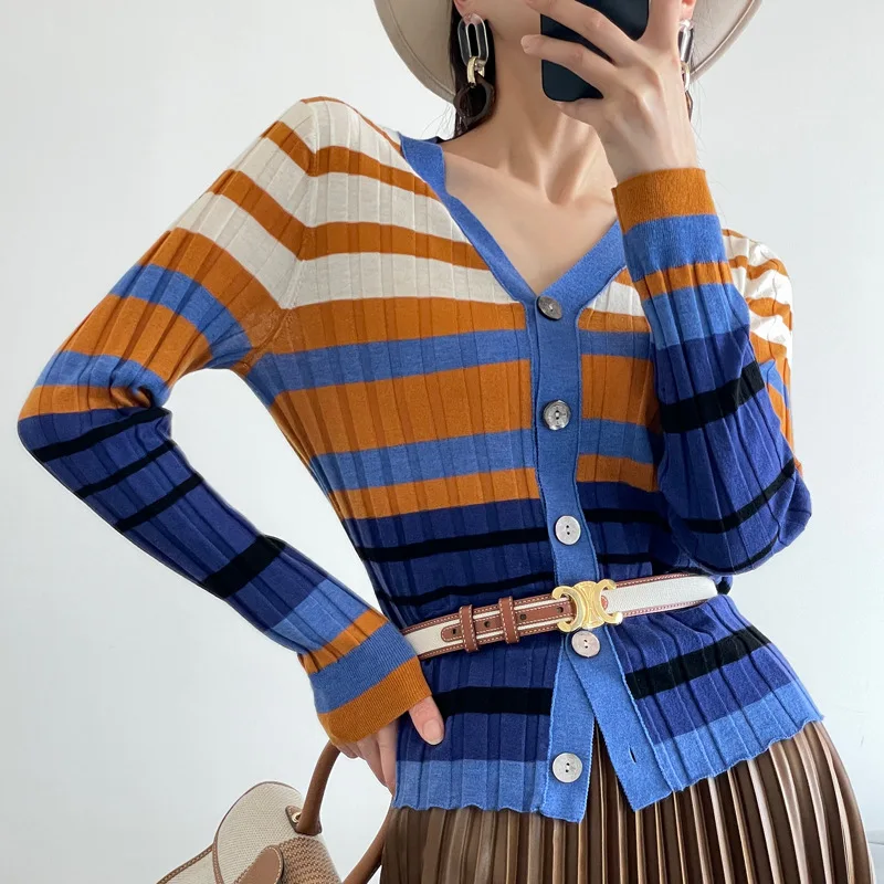 Fenggejiwo wool colored striped pit stripe V-neck knitted cardigan women's slim fit base sweater