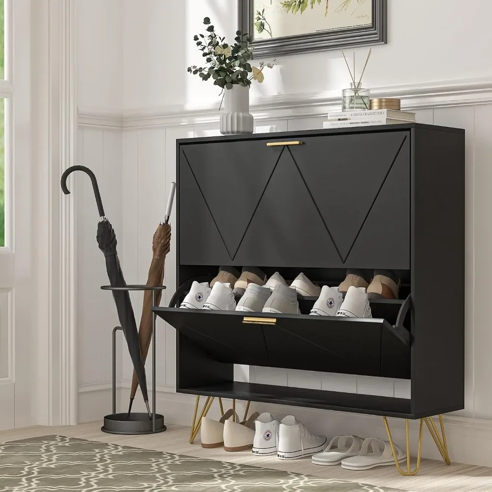 

Shoe Cabinet with 2 Flip Drawers, Black Shoe Storage Cabinet, Slim Wooden Freestanding Rack, Organizer with Fluted Panel