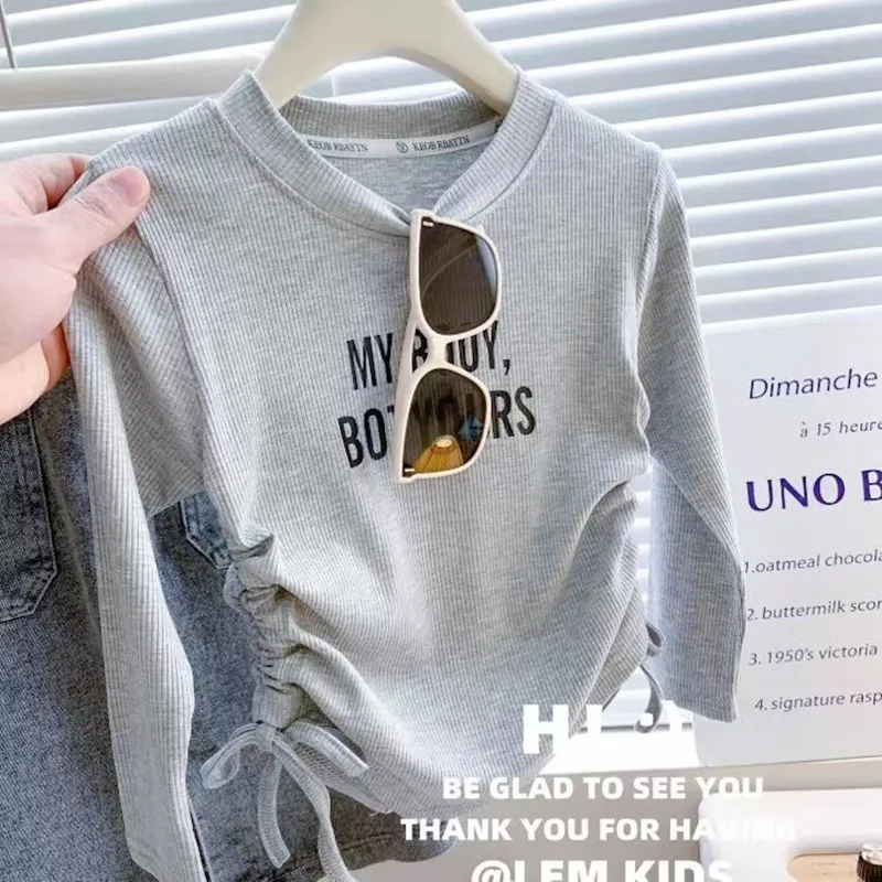 Children\'s 2023 Spring New Girls Korean Version Double-side Drawstring Letter Printing Elastic Long-sleeved T-shirt