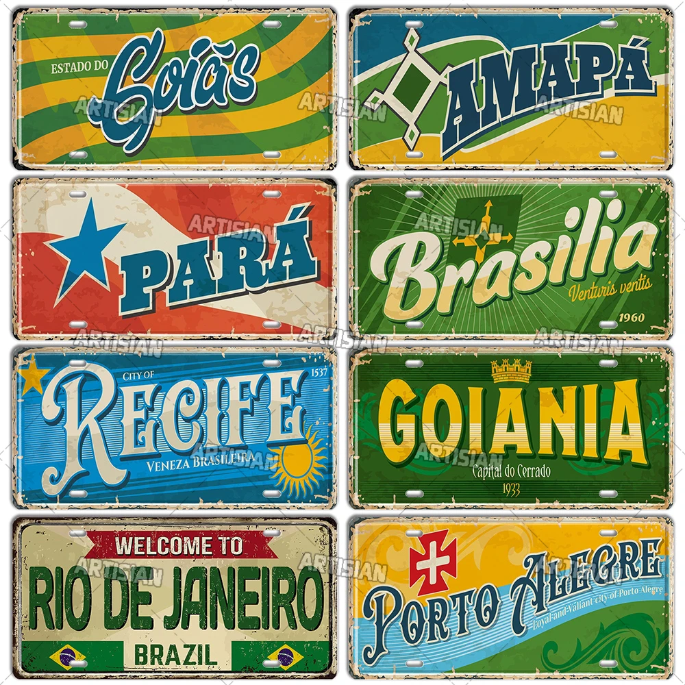 Artisian BRAZIL Landmark License Plate City Metal Tin Plaque State Metal Sign Wall Decor Garage Bar Pub Club Hotel Cafe Kitchen