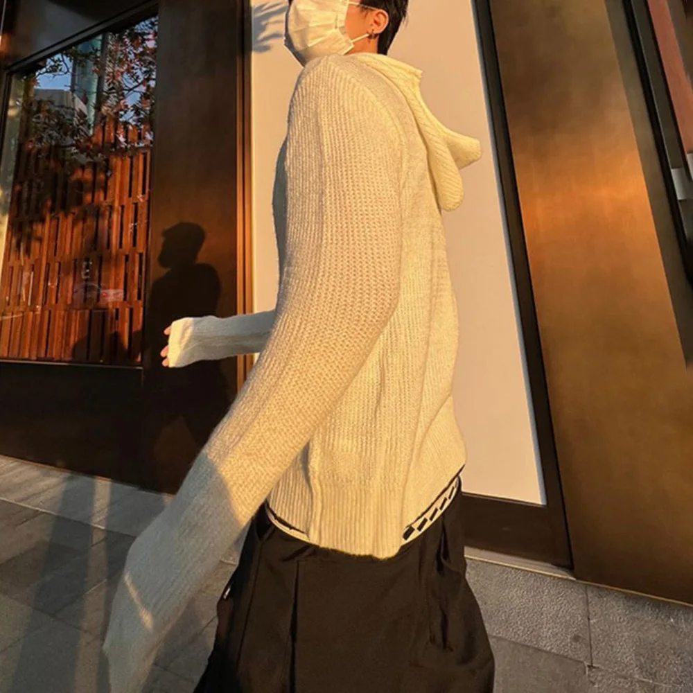 Spring Fall Personalized Y2k Street Hip Hop Sweater Fashion Zipper Hood Cardigan Men's Long Sleeve Jacket Neutral Knitted Coat