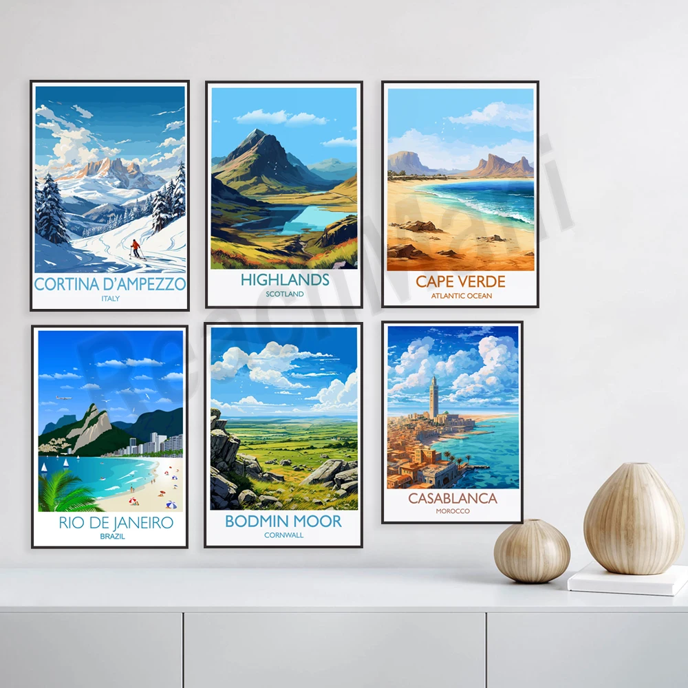 Cortina d'Ampezzo, Budva, Rio de Janeiro, Hawaii, Big Sur, Scottish Highlands, Cape Verde, Bodmin Moor, England travel poster