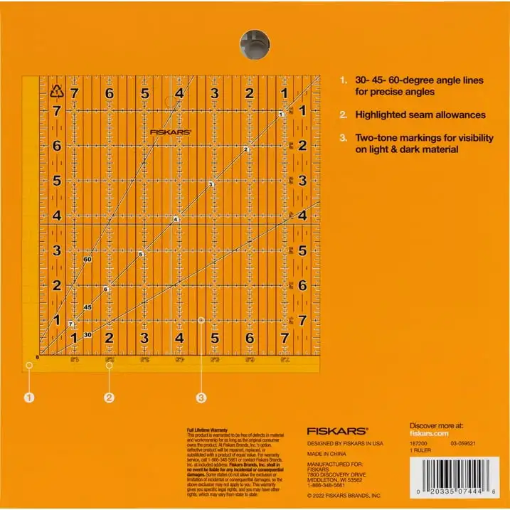Fiskars 8.5in x 8.5in Square Sewing Ruler, Measuring Tool, Durable 3mm thick clear acrylic, Center 45-degree bias line