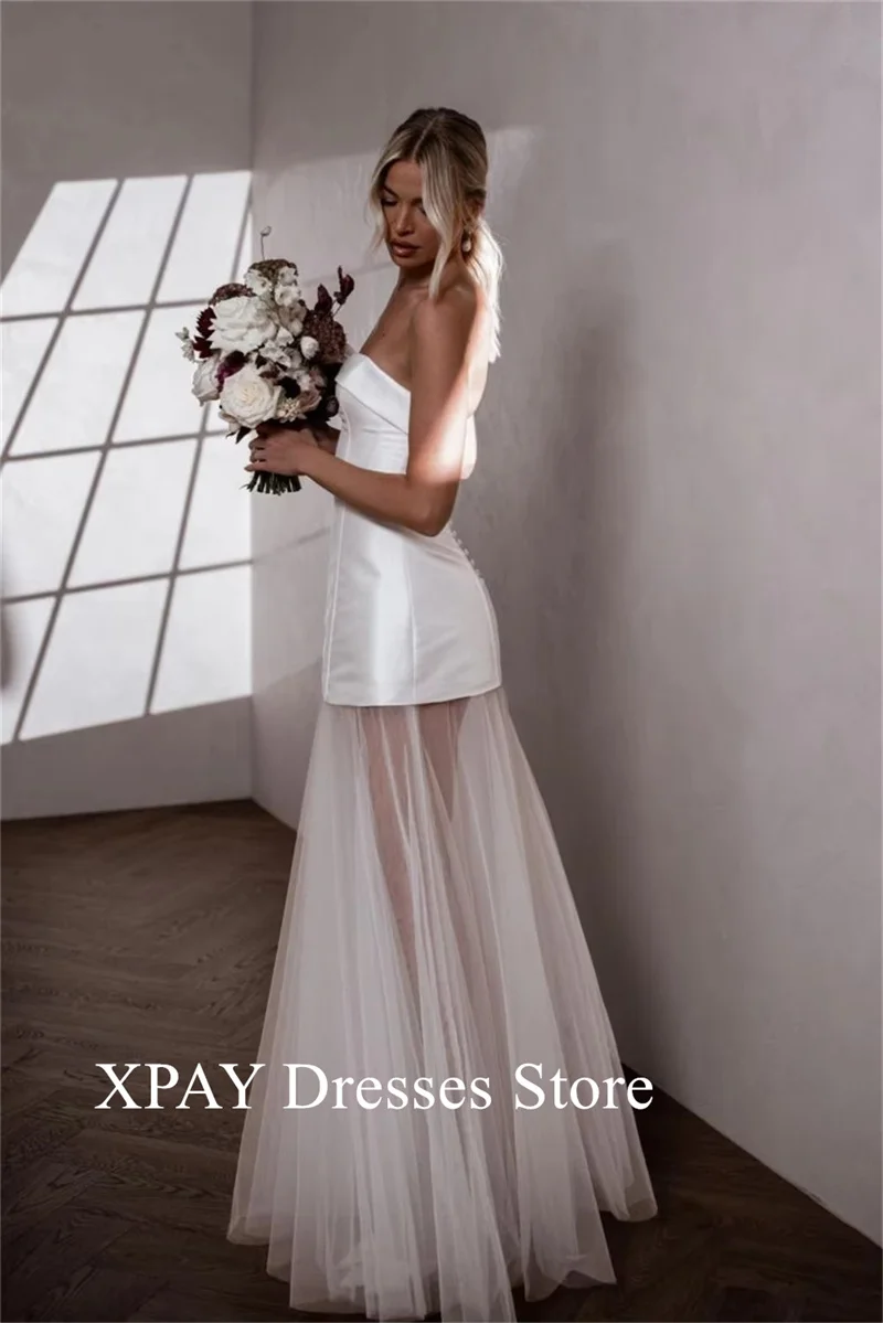 XPAY 2025 Strapless สีขาวซาตินงานแต่งงานชุดลูกไม้ยาวที่ถอดออกได้รถไฟแขน vestidos de novia ซิปด้านหลังอย่างเป็นทางการที่กําหนดเอง