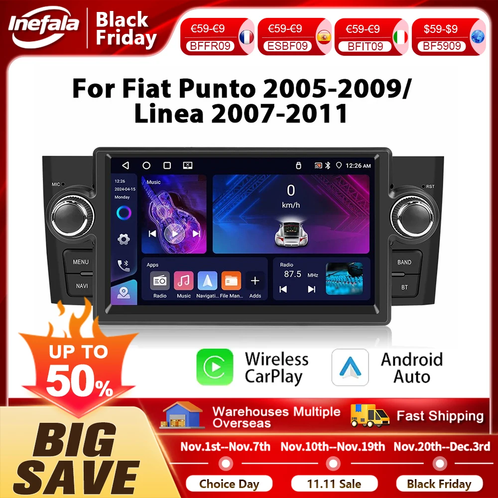 Podofo 7 "autoradio sans fil CarPlay Android Radio pour FIAT Punto 2005-20009/Linea 2007-2011 multimédia GPS FM WIFI BT Autoradio
