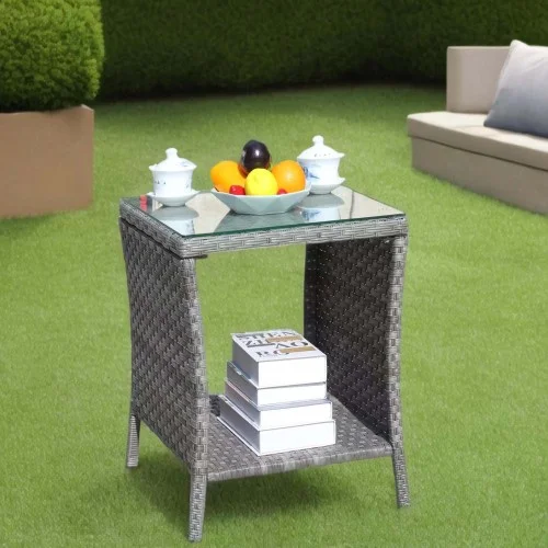 Gray Wicker Outdoor Side Table with Clear Tempered Glass Top, 2-Tier Patio End Table with Storage Shelf for Porch Deck Backyard