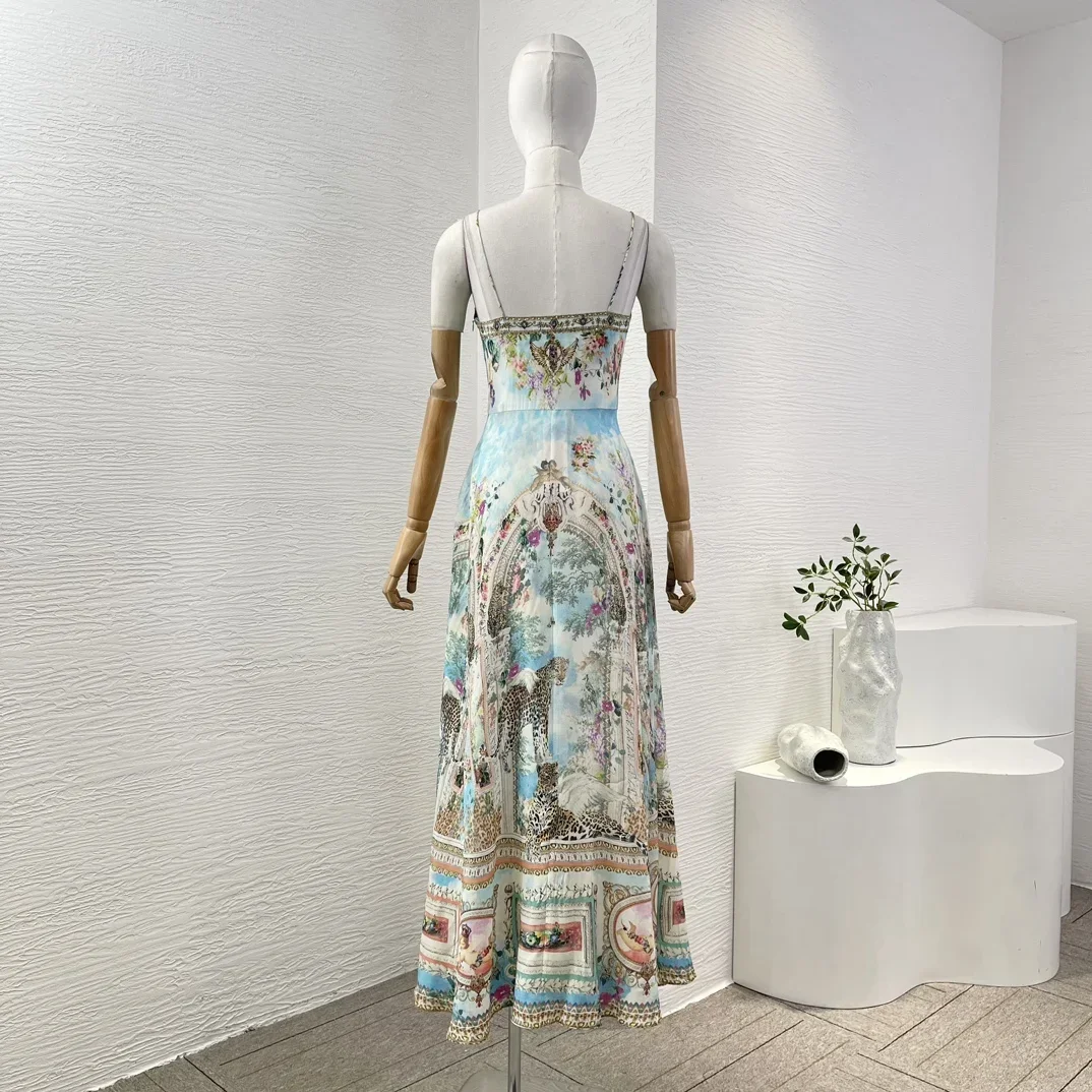 Silk 2024 New Diamonds Light Blue Floral Print Sleeveless Bow Sleeveless White Women Re-tro Spaghetti Dress