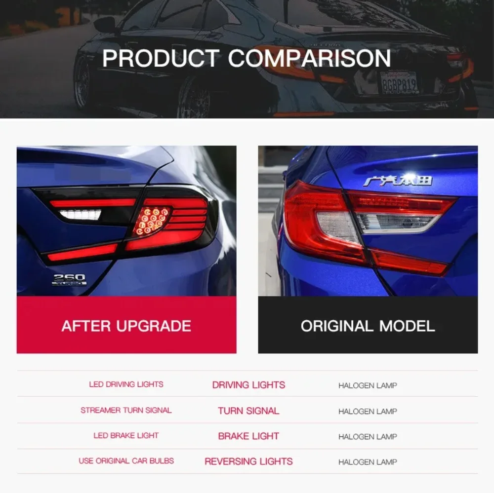 for Accord 10th Gen Taillight 2018-2021 LED Tail Light DRL Sequential Indicator Rear Lamp Plug and Play Assembly