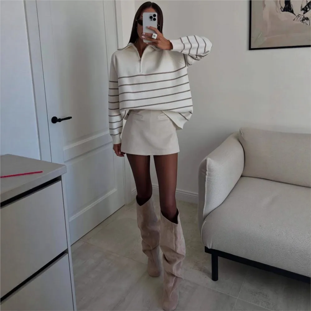 MsChuh Autumn Women's Clothing Pullover Sweater Contrast Striped All-match Loose Simple Style Casual Comfortable Temperament