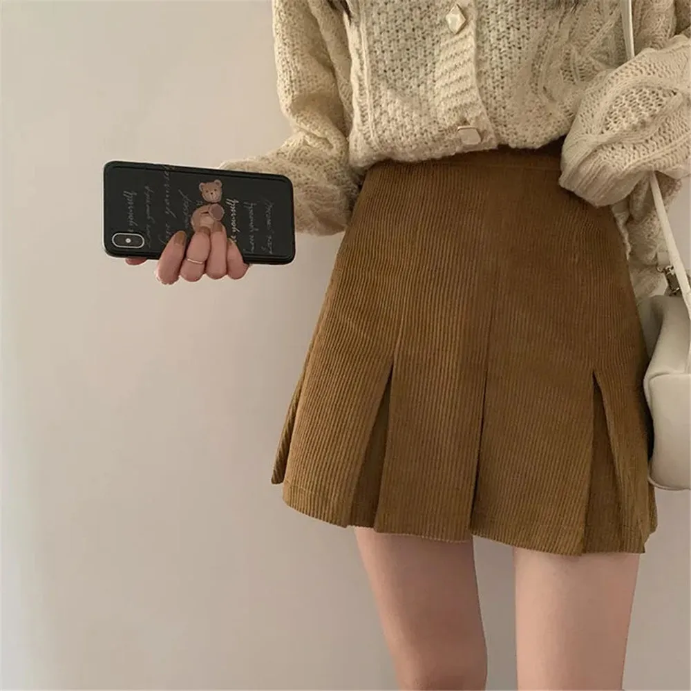 

Corduroy Mini Pleated Skirts Women Autumn Winter Retro Casual A-Line Skirt Classic Vintage Chic Females High Waist Preppy Style