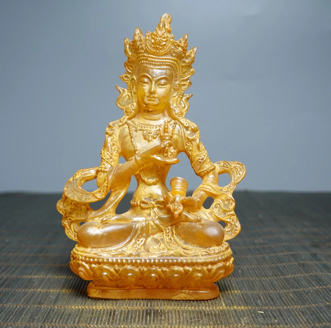Ancient Colored Glaze Golden Liuli Crystal Green Tara Buddha Statue Ornament Feng Shui Home Decoration Accessories Living Room